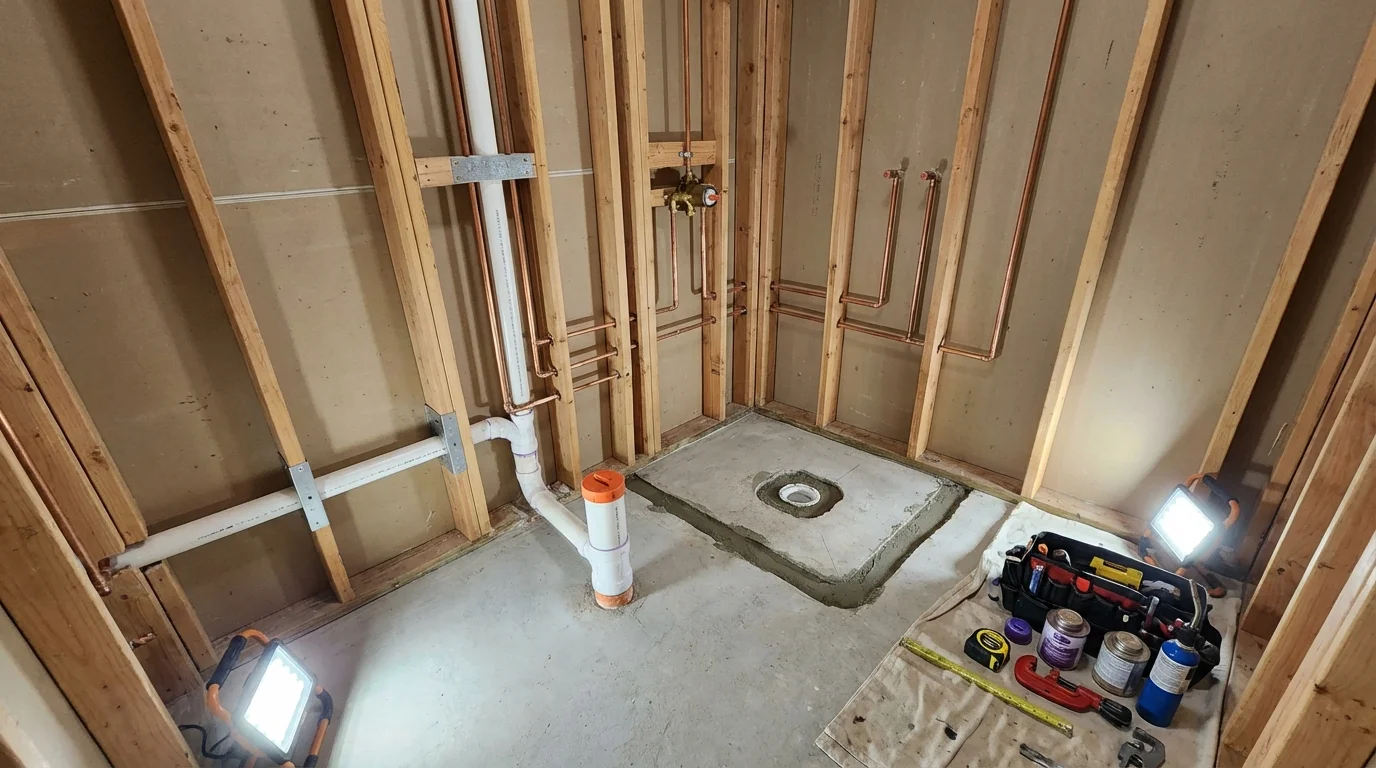 Bathroom rough-in plumbing during remodel by Johns Plumbing LLC in Rehoboth Beach