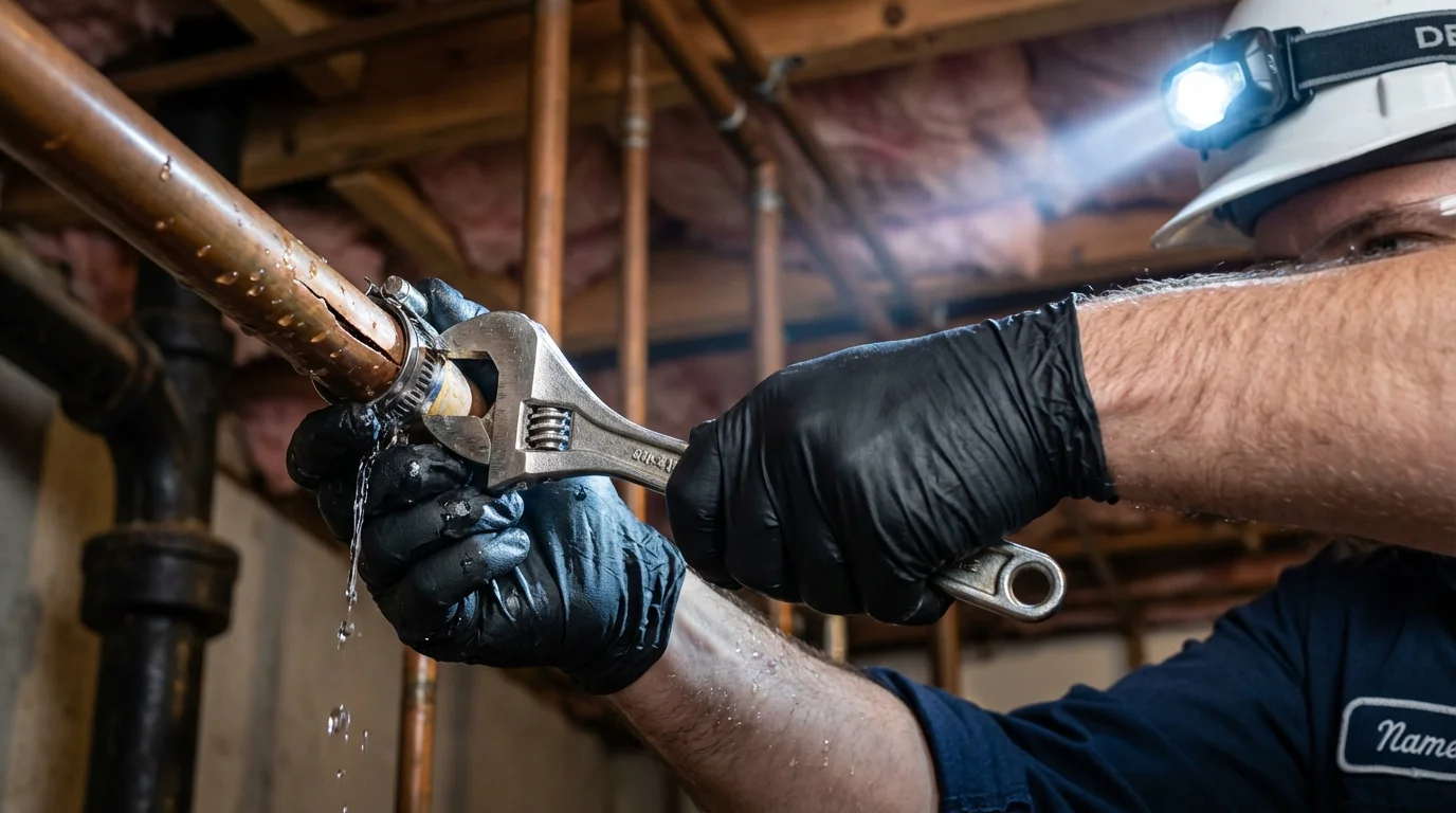 Emergency pipe clamp repair being performed by a Johns Plumbing LLC plumber in Rehoboth Beach