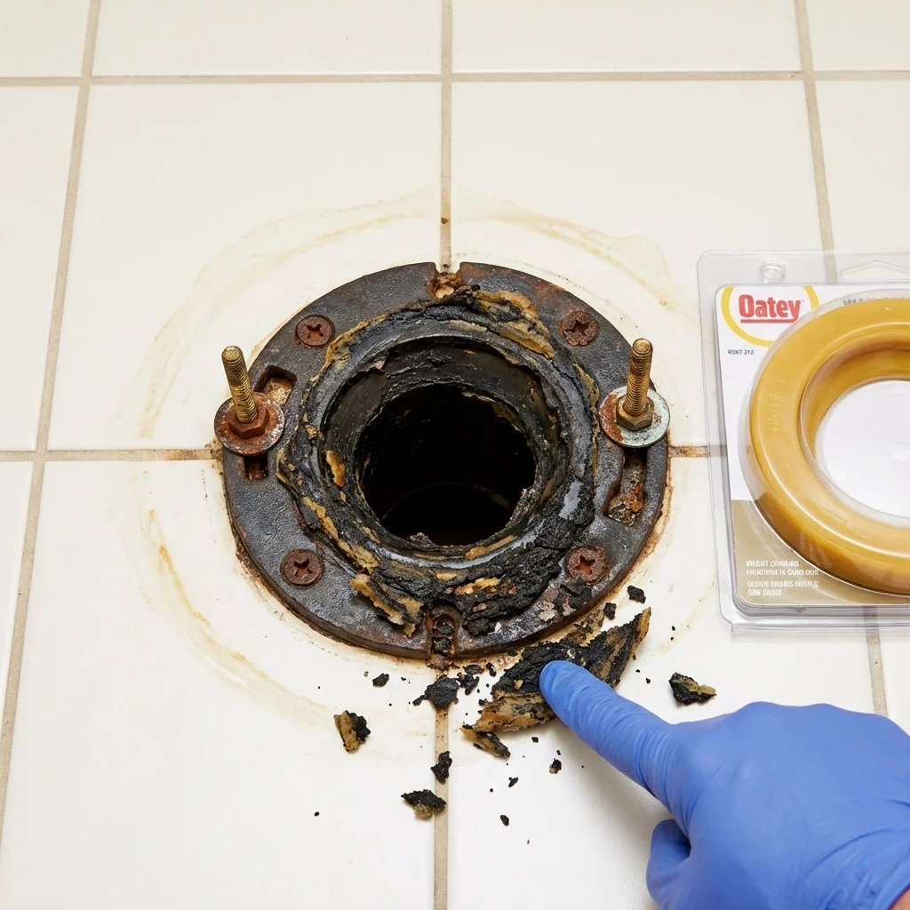 Failed wax ring showing water seepage at the base of a toilet in a Rehoboth Beach, DE home