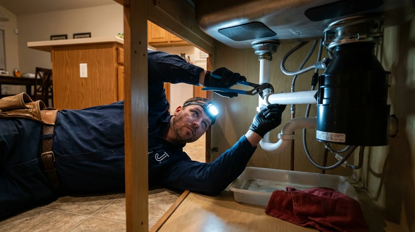 P-trap and supply line connections under a kitchen sink showing a common leak point in Rehoboth Beach, DE